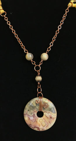 Crazy Lace Agate and Copper Necklace with soft jersey cord.