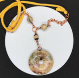 Crazy Lace Agate and Copper Necklace with soft jersey cord.