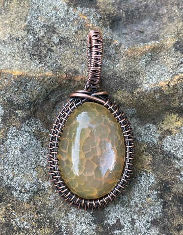 Pale Yellow Dragon's Vein Agate (dyed) Pendant in Wire Wrapped Copper. 