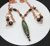 Tibet Agate "heaven's eye" Necklace Bronze and Wood Beads in Copper 40" long