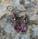 Wire Wrapped Copper Earrings with Purple Spiny Oyster with a touch of orange on Niobium Ear Wires. 