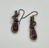 Wire Wrapped Copper Earrings with Purple Spiny Oyster with a touch of orange on Niobium Ear Wires. 