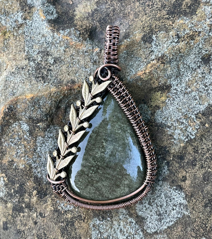 Golden Sheen Obsidian Pendant in Wire Wrapped Copper with Brass Leaves accent. 