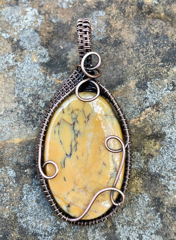 Sunny Yellow Jasper Pendant in Wire Wrapped Copper. 