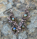 Wire Wrapped Copper Leaf Earrings with Labradorite and Niobium Ear Wires.