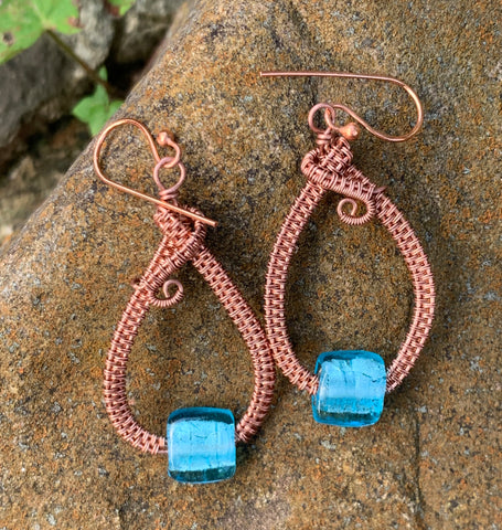 Blue Foil Glass and Copper Earrings