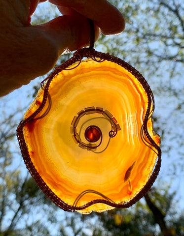 Polished Agate Slice Suncatcher with Carnelian and Glass Bead Center