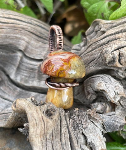 Adorable Little Agate Mushroom Pendant in Wire Wrapped Copper. 