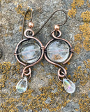 Copper Earrings with Glass Beads and an Iridescent Glass Teardrop Dangle on Niobium Ear Wires. 