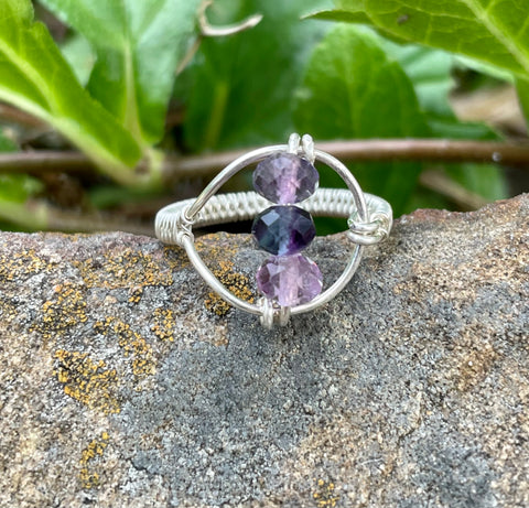 Wire Wrapped Argentium Silver Ring with Faceted Purple Fluorite. 