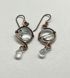 Copper Earrings with Glass Beads and an Iridescent Glass Teardrop Dangle on Niobium Ear Wires. 