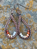 Wire Wrapped Copper Earrings with Dazzling Mexican Fire Opal Accents on Niobium Ear Wires. 