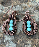 Unique Handwoven Copper earrings with Turquoise.