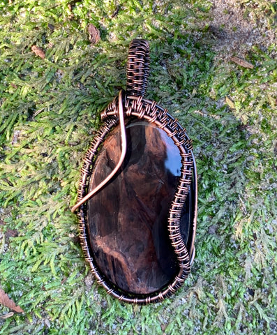 Shimmering, Rich Colored Mahogany Obsidian Pendant Captured in Handwoven Copper. 
