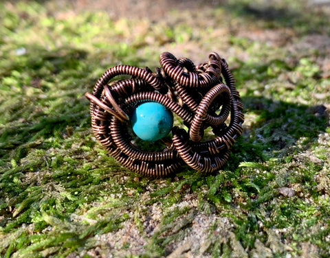 Handwove Copper and Turquoise Ring - Size 4