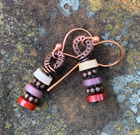 Handmade Woven Copper and Button Earrings