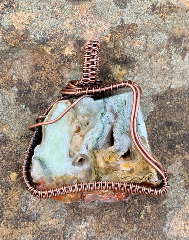 Raw Polished Agate Slice Pendant in Copper