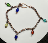 Colorful Vintage Glass Bead Dangles on this Adjustable Copper Ankle Bracelet. 