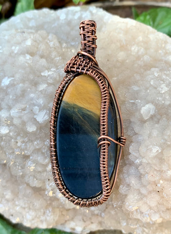 wire wrapped Blue and Gold Tiger Eye Pendant