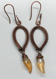 wire wrapped copper earrings with glass leaf dangles