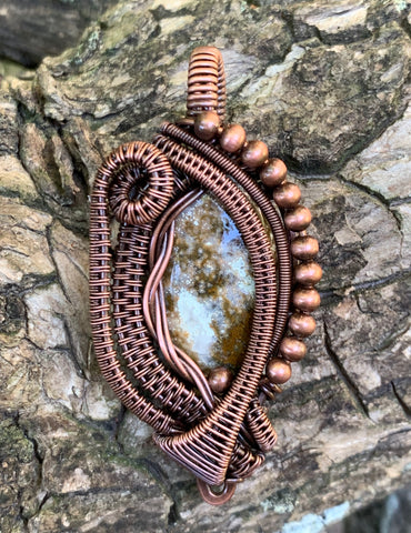 Ocean Jasper Pendant wrapped in handwoven Copper with Copper bead accents.