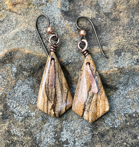 Picture Jasper Earrings with Hammered Copper and Niobium Ear Wires.  