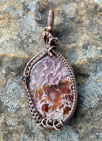 Unique Pendant with Pink Plume Agate with a Druzy Eyeball in Wire Wrapped Copper. 