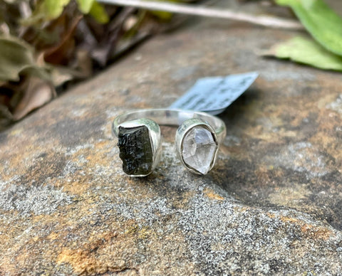 Adjustable Sterling Silver Ring with Raw Quartz and Raw Moldavite.