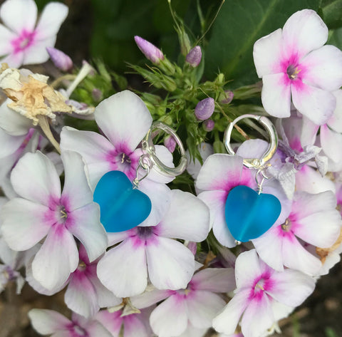 Recycled Blue Matte Glass Hearts and Sterling Earrings with Sterling leverback ear wires.