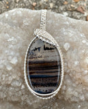 Lovely Black and Brown Striped Agate in wire wrapped Sterling (.925) and Fine (.999) Silver