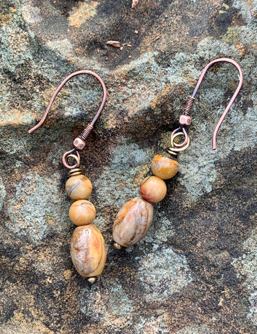 Picasso Jasper and Brass Earrings on handmade Copper Ear wires.