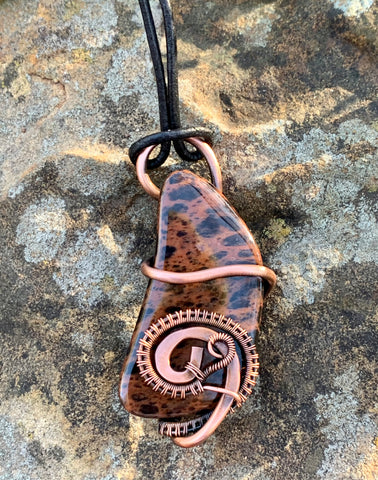 Tumbled Mahogany Obsidian and Copper Necklace with adjustable leather cord