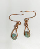 These lightweight earrings feature light turquoise Impression Jasper hanging from tan leather with copper bead accents on handmade copper ear wires.