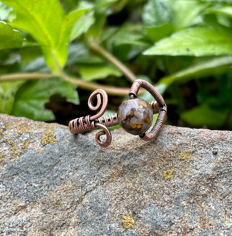 Adjustable Fire Opal and Wire Wrapped Copper Ring.  