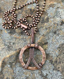 Handmade Hammered and Wire Wrapped Copper Peace Sign Necklace on 18" Copper Ball Chain. 