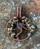 Handmade Copper Tree Pendant using heavy gauge Copper as the frame with Labradorite chip leaves and a Larvikite Moon