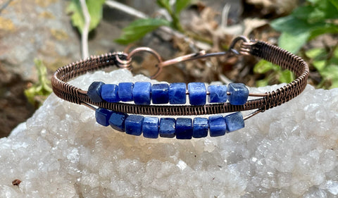 Wire Wrapped Copper Bracelet with Blue Sodalite Square Beads. 