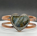 Carved Labradorite Heart and Copper Bangle Braceletn with Blue and Yellow Flash. 