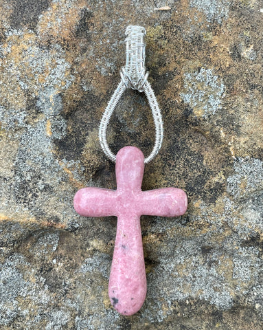 Soft Pink Rhodonite Cross Pendant in Wire Wrapped Argentium Silver.  