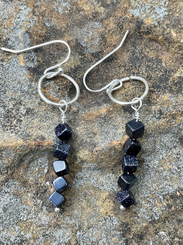 Shimmering Blue Goldstone Cube and Sterling Silver Earrings.  