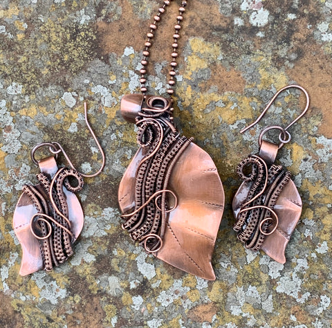 Handmade Copper Leaf Pendant and Earring Set
