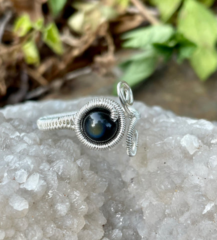 Adjustable Rainbow Obsidian Ring in Wire Wrapped Argentium Silver. 