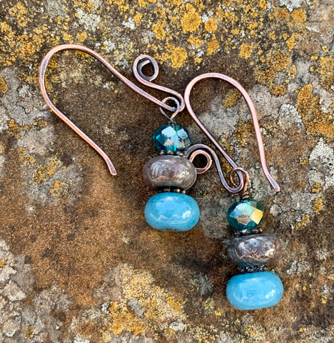 Aquamarine, Calsilica and Crystal Copper Earrings
