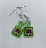 Green Millefiori Glass and Green Glass Cube Earrings in Sterling Silver.