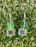 Green Millefiori Glass and Green Glass Cube Earrings in Sterling Silver.