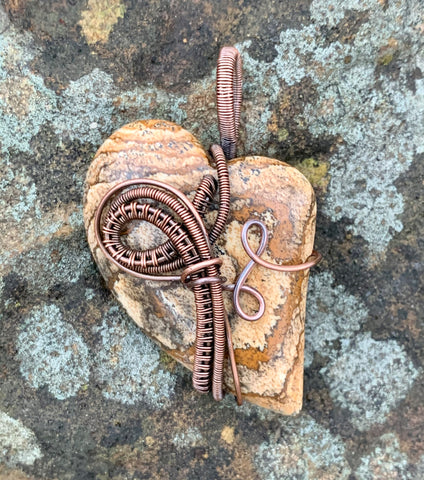 Unique shaped Picture Jasper Pendant in hand wire wrapped, coiled and curled Copper.
