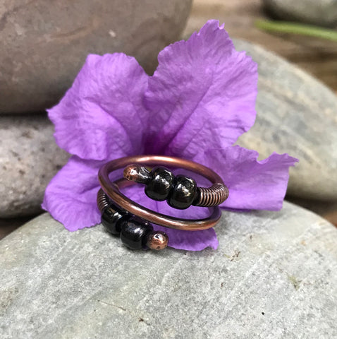 Copper Ring with Metallic Glass beads - size 7 1/2