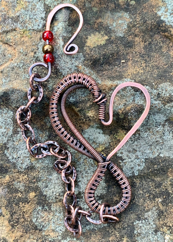 Handmade Hammered Copper Heart Bracelet with copper weaves and handmade clasp with bead accents.