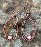 Wire wrapped Copper earrings with Rhodochrosite pink striped beads and Niobium Ear Wires.