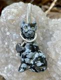 Carved Snowflake Obsidian Cat Pendant in Wire Wrapped Argentium Silver with Snowflake Obsidian Heart Dangle. Perfect for a cat lover!
